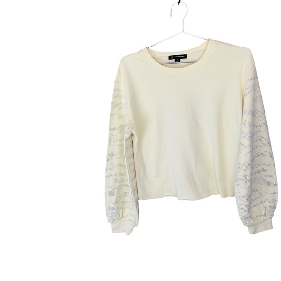 NWT INC Cropped Cotton Bead-Embroidered Raw Hem Sweatshirt sze M Yellow - Picture 2 of 16